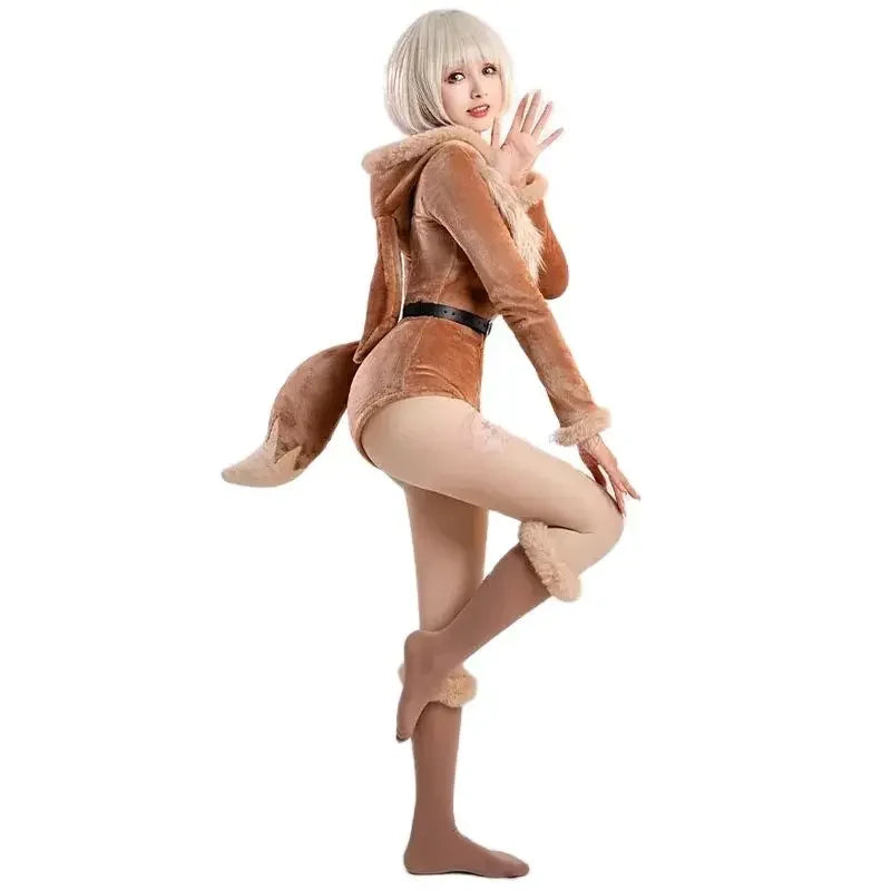 Anime Eevee Cosplay Costume Women Sexy Flannel Hooded Bodysuit Socks Suit Bunny Girl Cute Cartoon Plush Pajamas Jumpsuit Uniform