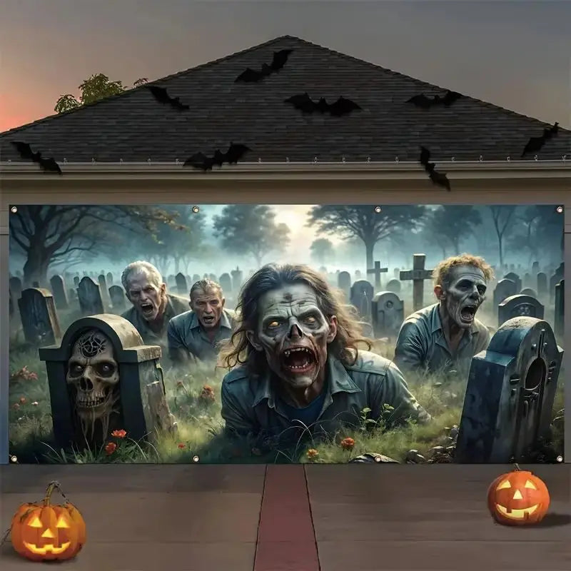 Zombie Garage Door Banner Tombstone Skull Photography Background