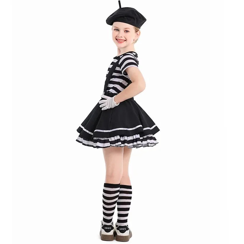 Mime Costume Clown Costume Girls Skirt T-shirt Hat Gloves Halloween Suit ﻿ - Hat Top Skirt gloves / XL