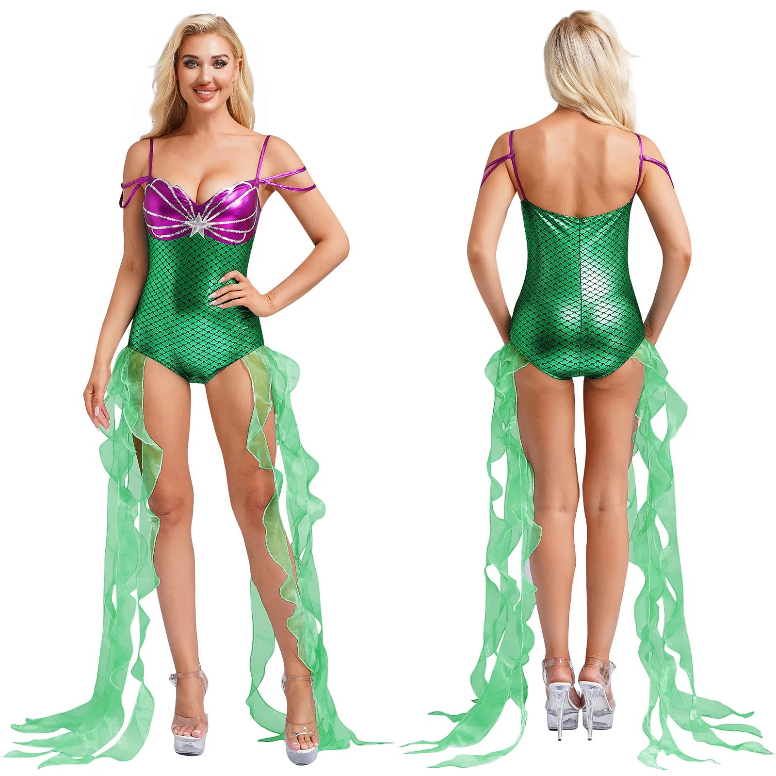 Women Halloween Theme Mermaid Princess Costume Sequin Metallic Shiny Fish Scales Print - Purple / XXL