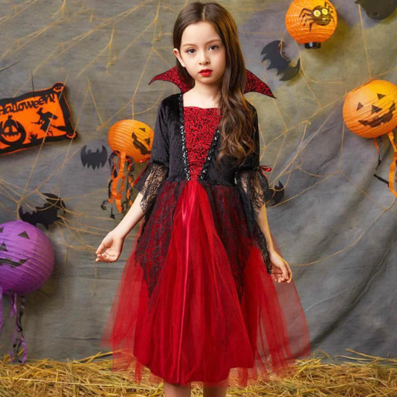 Kids Girls Vampire Devil Costume Dress Complete Set with Accessories Theme Costume