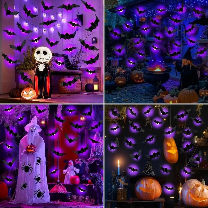 3D light-up Halloween bat wall decorations with purple LED glow