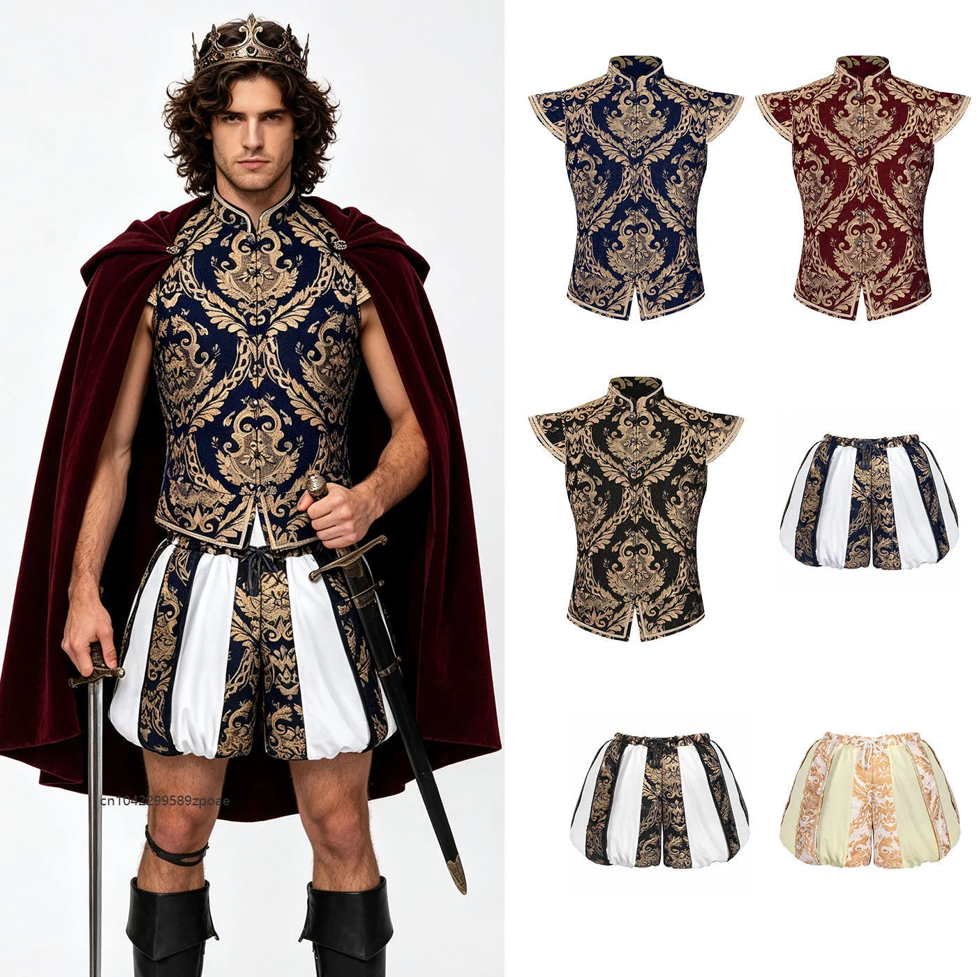 Men Renaissance Royal Prince Costume Set Medieval King Prince Bloomers Shorts Vest - vest D / L