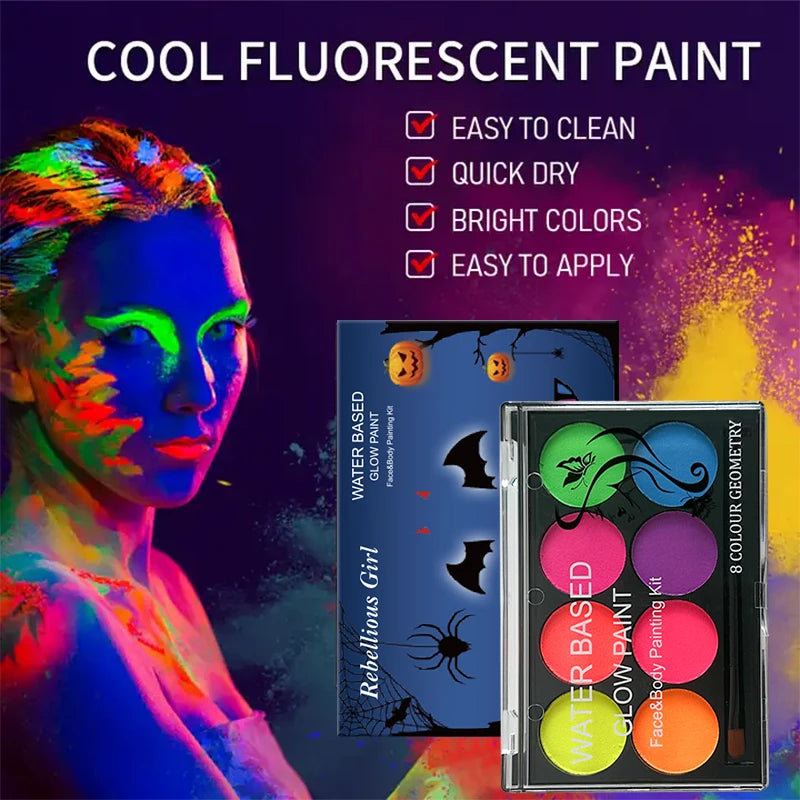 8 Colors Fluorescent Face Body Paint Water Activated Uv Glow Makeup Kit - product image 3