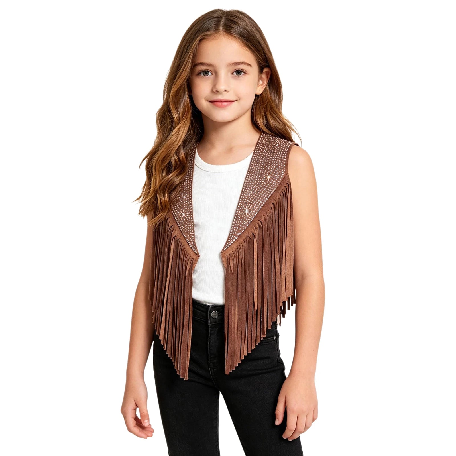 Kids' Girls Suede Fringed Vest Jacket Western Cowboy Cowgirl Sparkly Costume - alternate view 3