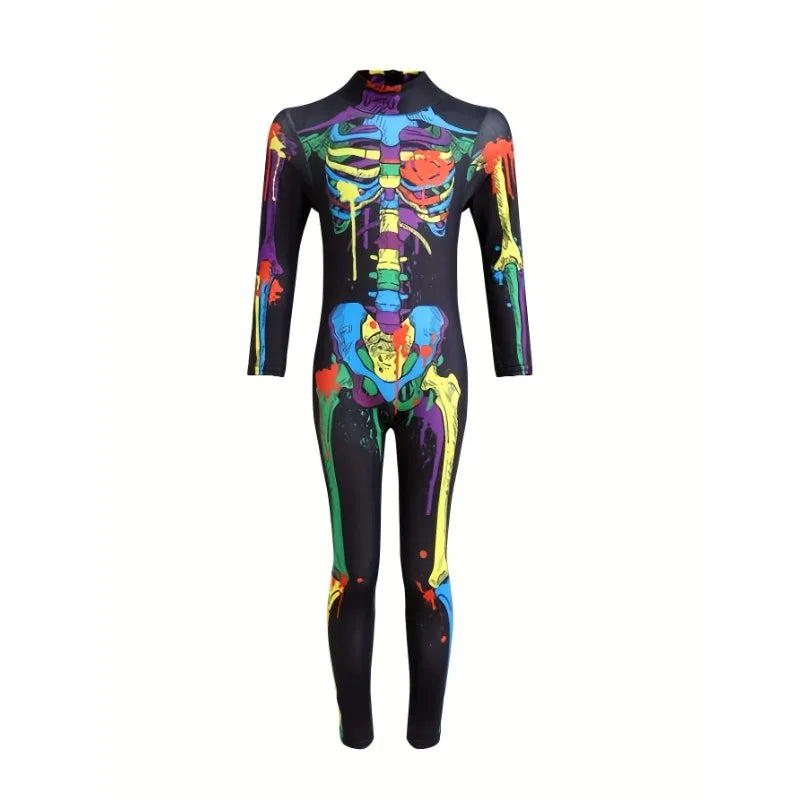 Kids' Skeleton Theme Sleeve Stretchy Fitted Full Color Halloween Costume - 01 / S
