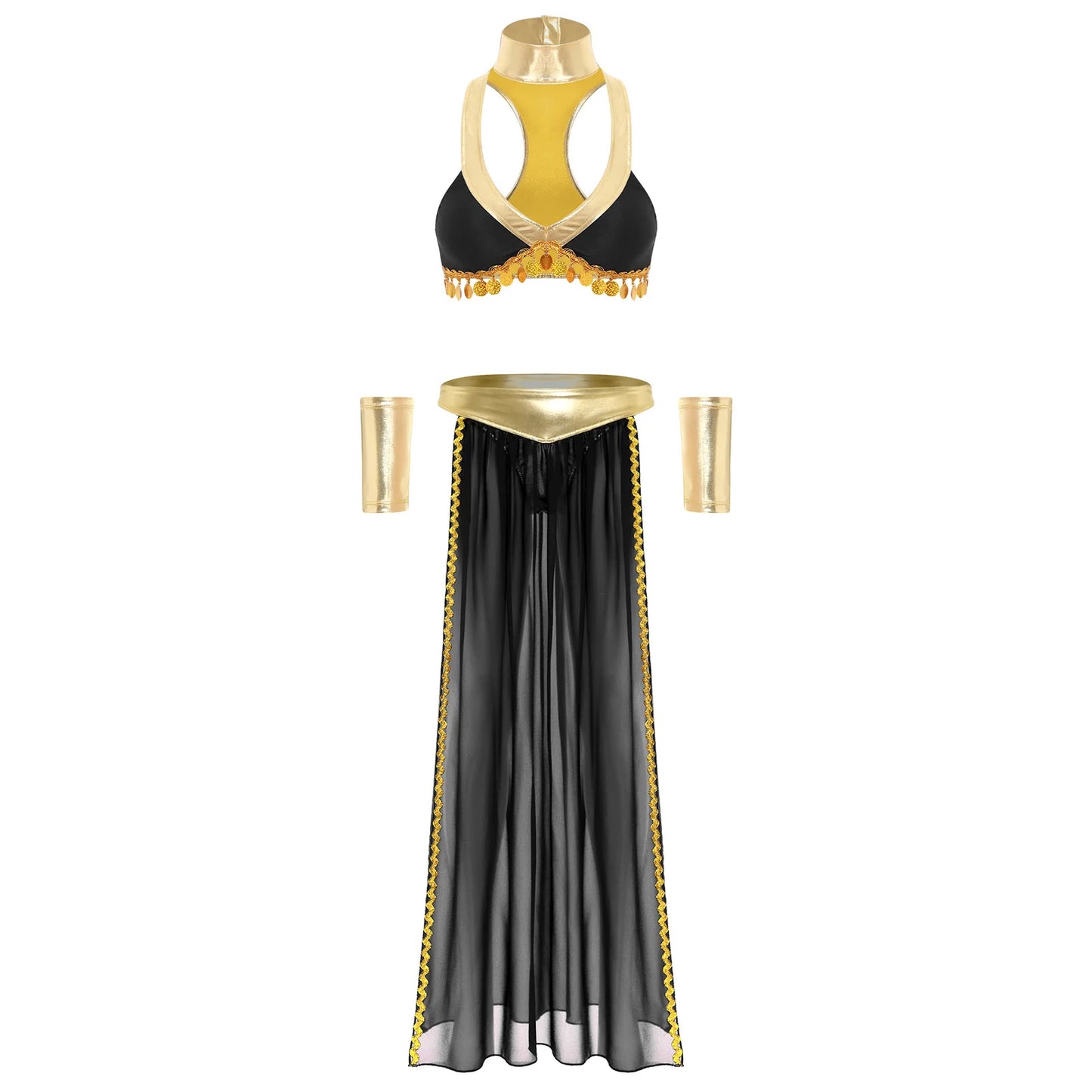 Women Halloween Cleopatra Ancient Egyptian Queen Sun Goddesses Cosplay Costume Crop Top with Skirt Belly Indian Dance Outfit