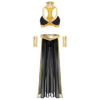 Women Halloween Cleopatra Ancient Egyptian Queen Sun Goddesses Cosplay Costume Crop Top with Skirt Belly Indian Dance Outfit
