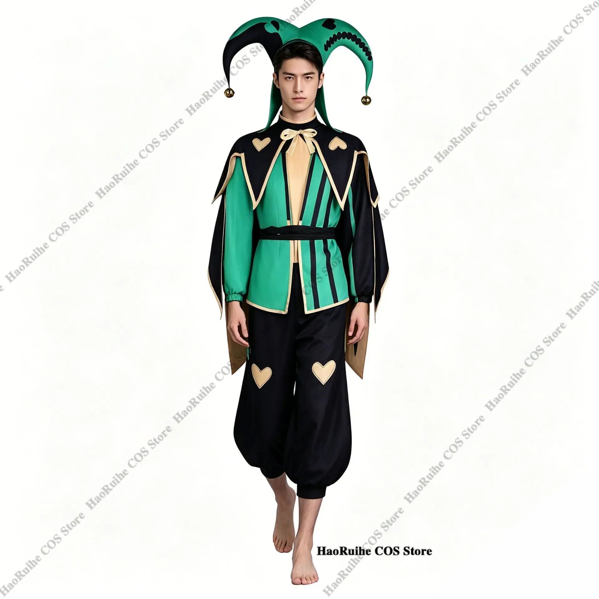 The Freak Circus Harlequin Costume Adult Clown Tops Pants Mask Gloves Joker Green Uniform - One size wig / S