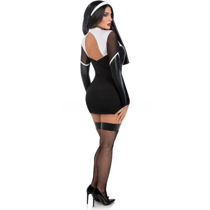 Women's Women's Women Halloween Nun Costume Sexy Black Pu Leather Hollow Nun - product image 5