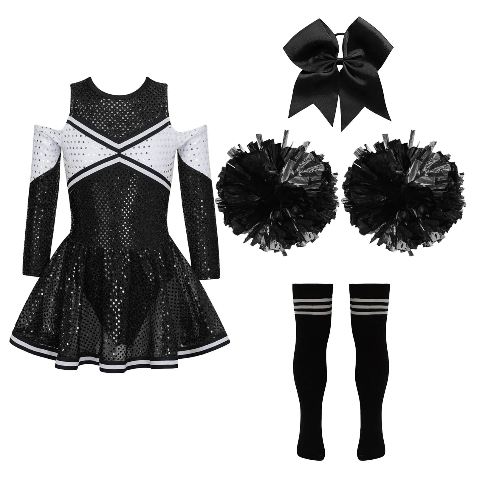 Kids Girls Cheerleader Costume Halloween Cosplay Cheerleading Dance Outfits Sequins Dress with Pom Poms Bow - product image 8
