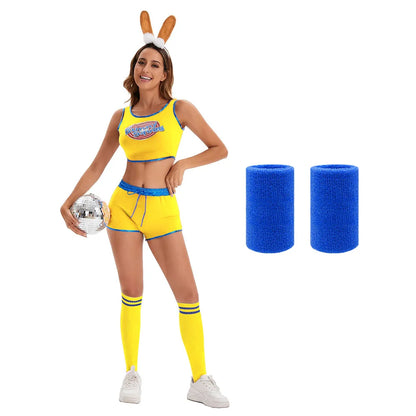 Cute Bunny Squad Cheerleading Costume Set Print Trim Edge Crop Tank Top & Elastic Waist Shorts for Halloween Club Party Cosplay