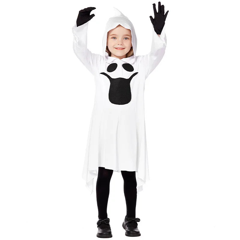Kid Viral Halloween Bashful Ghost Costume White Printed Dress with Wide Sleeves Pointed - View 5