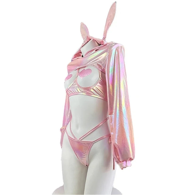 Sexy Lingerie Anime Bunny Girl Cosplay Pink Laser Patent Leather Top Bikini Rabbit Girl Shiny Halloween Underwear