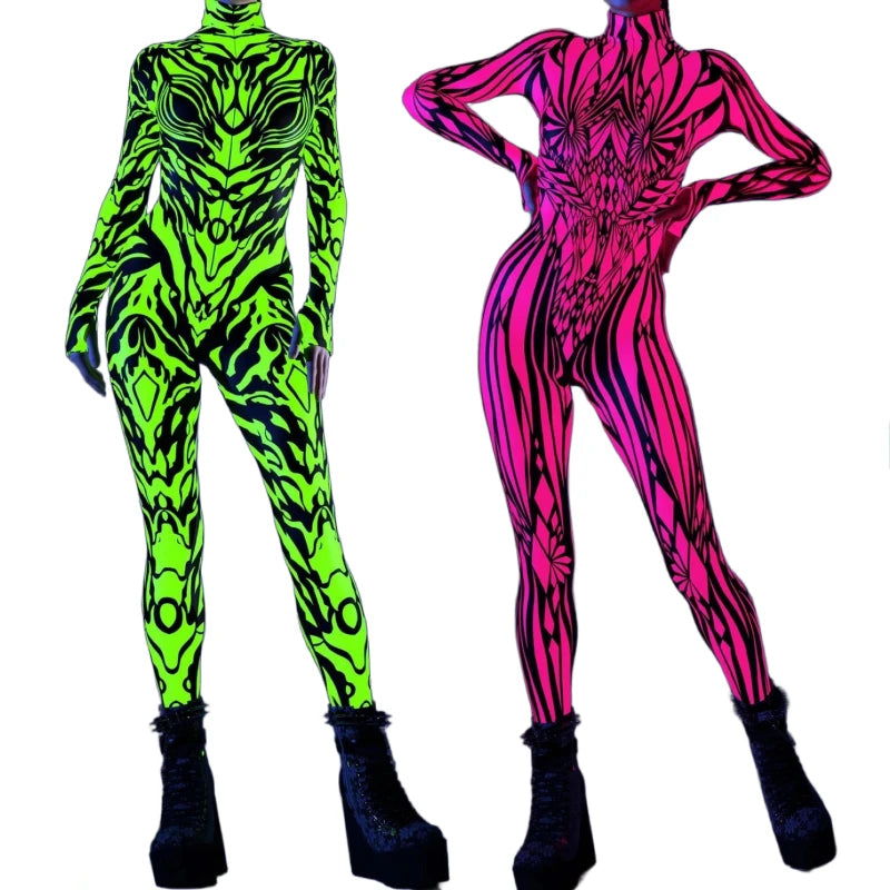 Women's 3D Abstract Print Full Body Jumpsuit Sexy Skinny High Neck Zentai Costume