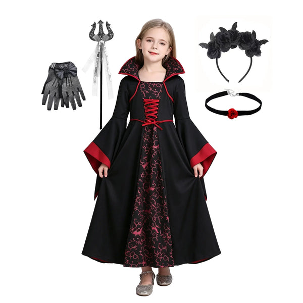 Kids Royal Vampire Queen Costume Retro Black Red Robe Girls Gothic Dress Halloween Street - Vampire 02 / 9-10T(150)
