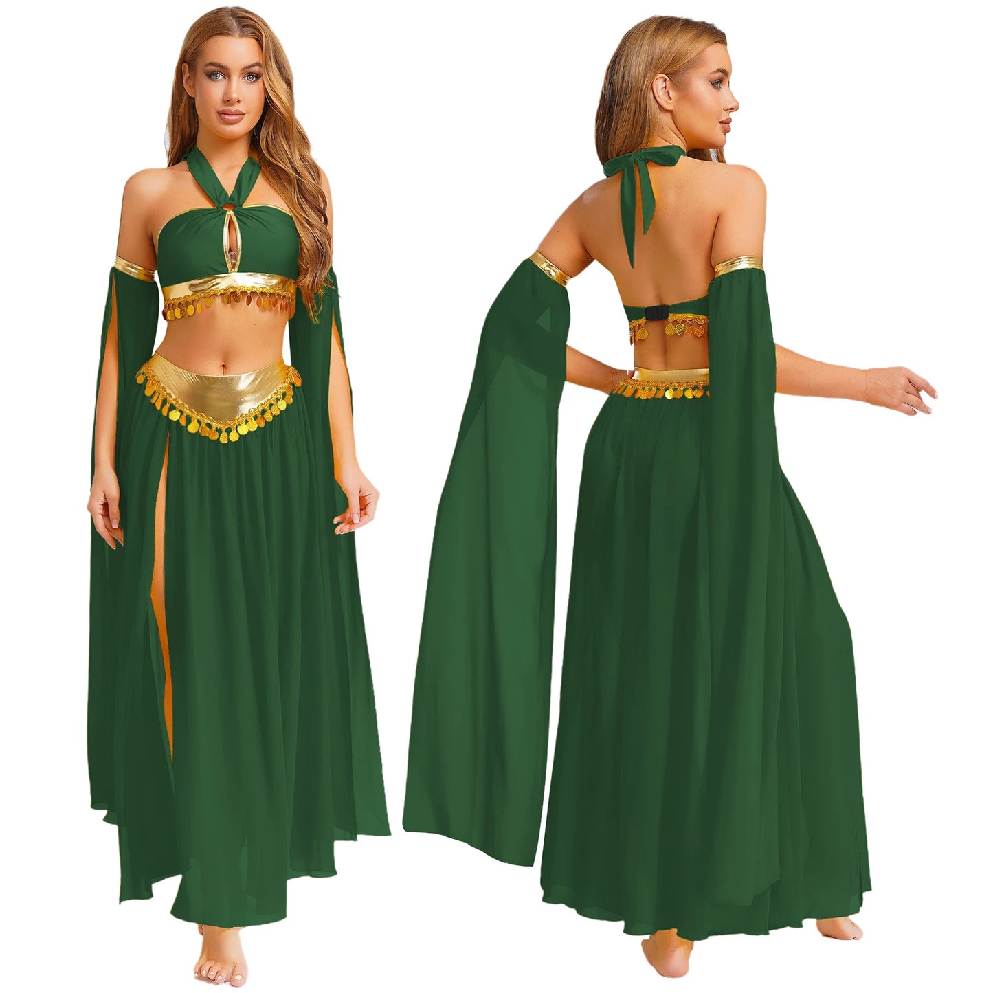 Women Halloween Cleopatra Ancient Egyptian Queen Sun Goddesses Cosplay Costume Crop Top with Skirt Belly Indian Dance Outfit