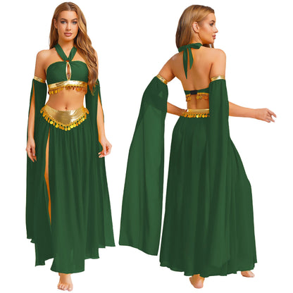Women Halloween Cleopatra Ancient Egyptian Queen Sun Goddesses Cosplay Costume Crop Top with Skirt Belly Indian Dance Outfit