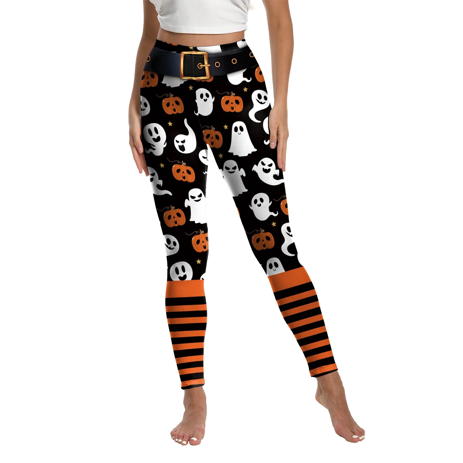 Women's Spooky Pumpkin Stripe Leggings - alternate view 15