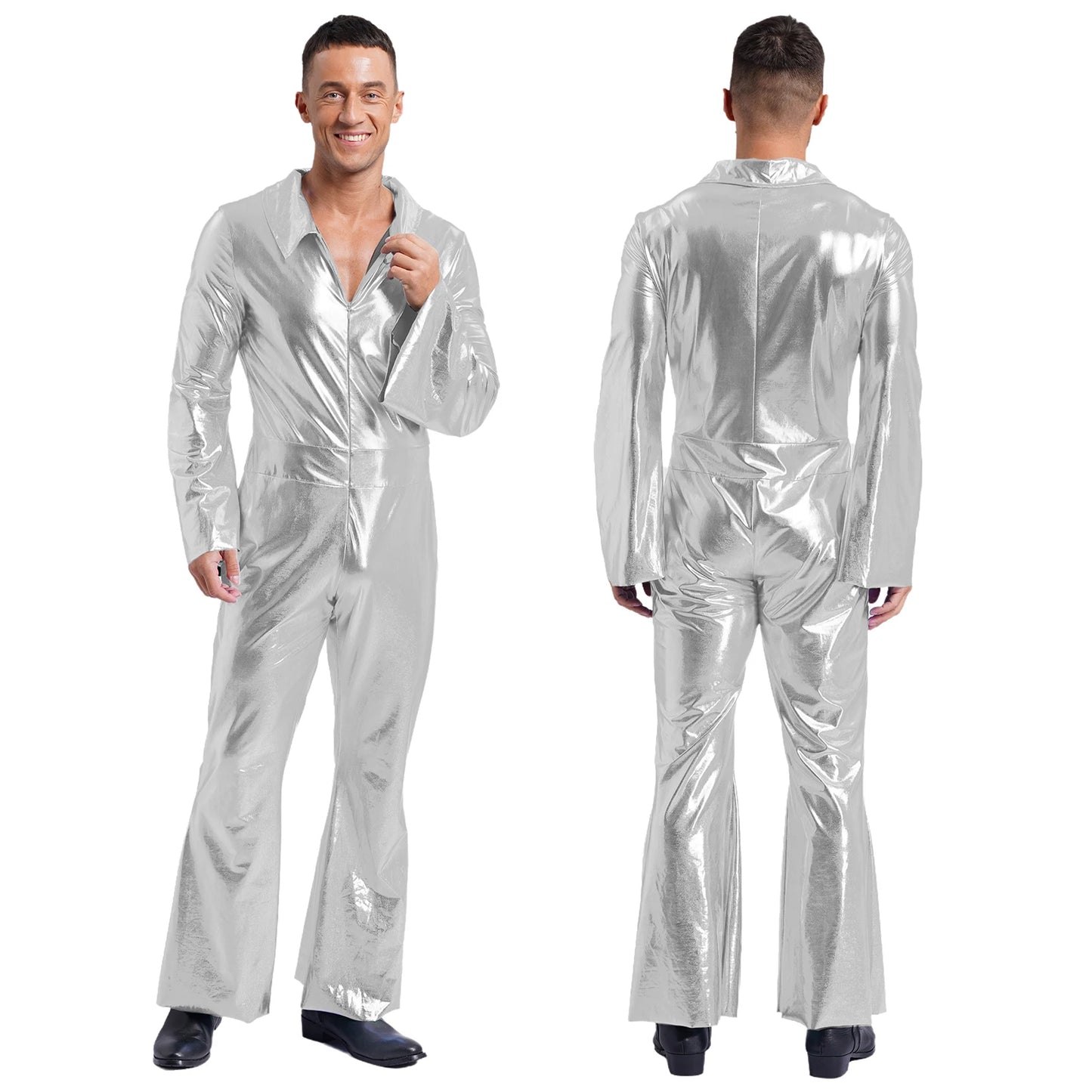 Men 70s Disco Jazz Dance Performance Costume Flare Sleeve Zipper Metallic Shiny Jumpsuit - Black / S