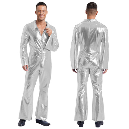 Men 70s Disco Jazz Dance Performance Costume Flare Sleeve Zipper Metallic Shiny Jumpsuit - Black / S