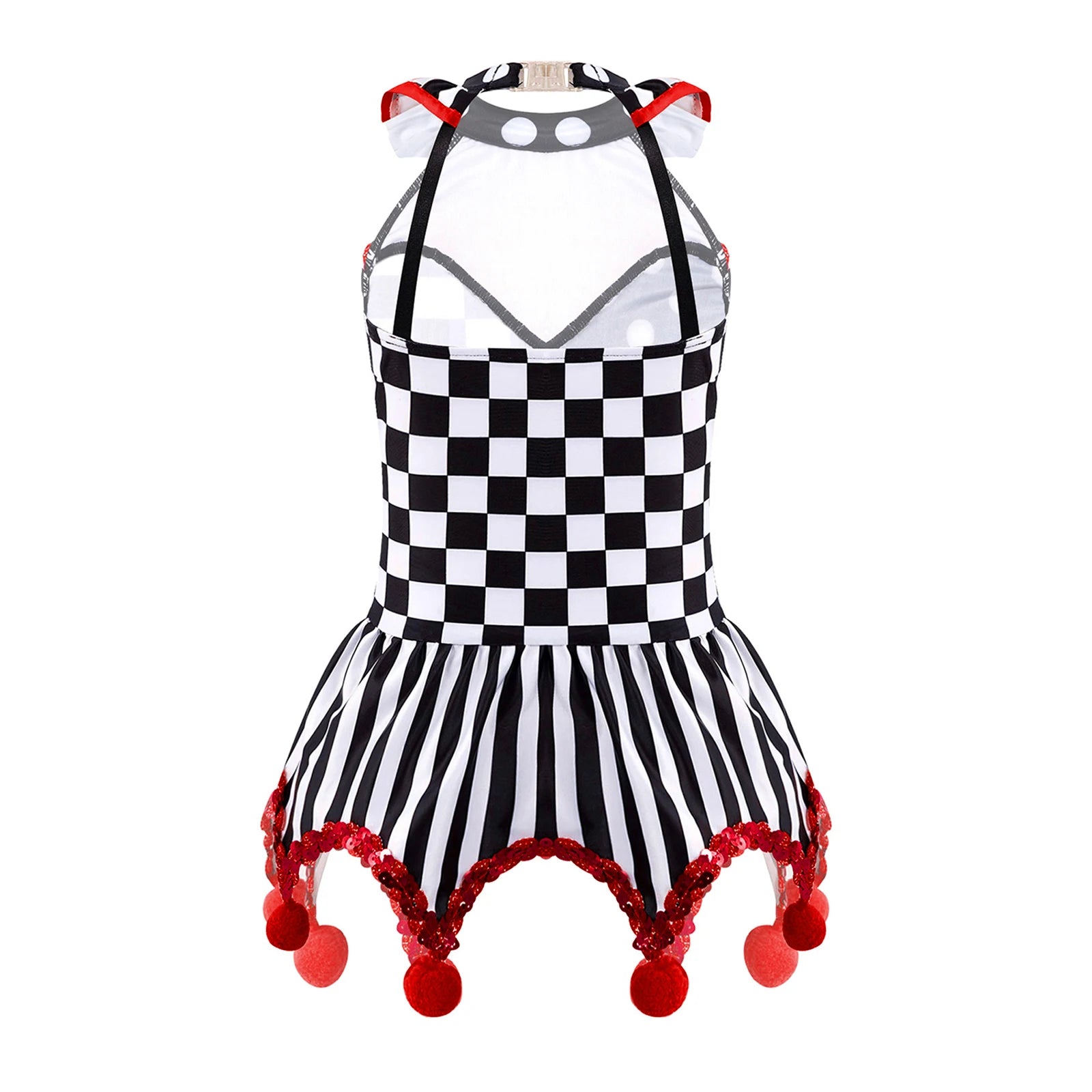 Girls Circus Clown Joker Costume Halloween Costume Black White Grid Pompoms Leotard Tutu - Black B / 12