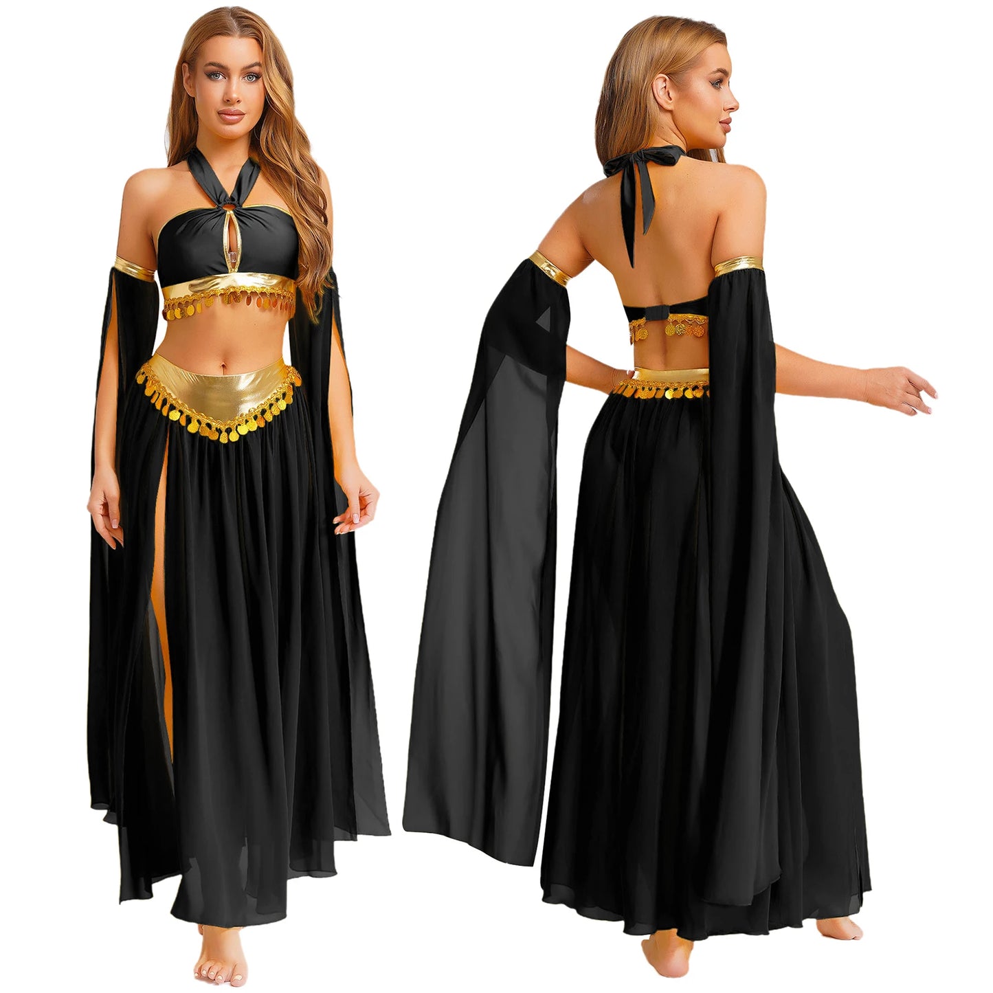 Women Halloween Cleopatra Ancient Egyptian Queen Sun Goddesses Cosplay Costume Crop Top with Skirt Belly Indian Dance Outfit