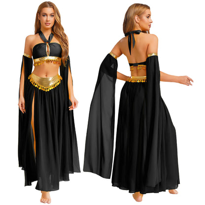 Women Halloween Cleopatra Ancient Egyptian Queen Sun Goddesses Cosplay Costume Crop Top with Skirt Belly Indian Dance Outfit