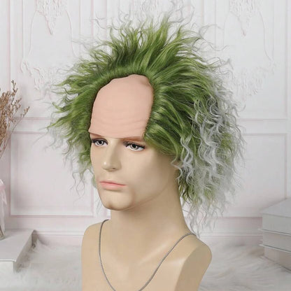 Green Wig With Bald Cap Clown Short Curly Wig Green Fluffy Wavy Wig Party Cosplay Wigs Halloween Wig  Men, 6 Inch Synthetic Wigs