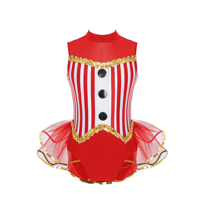 Kids Girl Halloween Circus Clown Costume Shiny Striped Tutu Leotard Ballet Gymnastics - Royal Blue A / 14