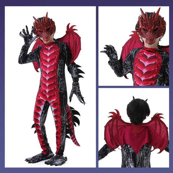 Kids Dragon Costume Boys Halloween Cosplay Dinosaur Jumpsuit Mask 2pcs Set Outfit Blue Red - product image 1