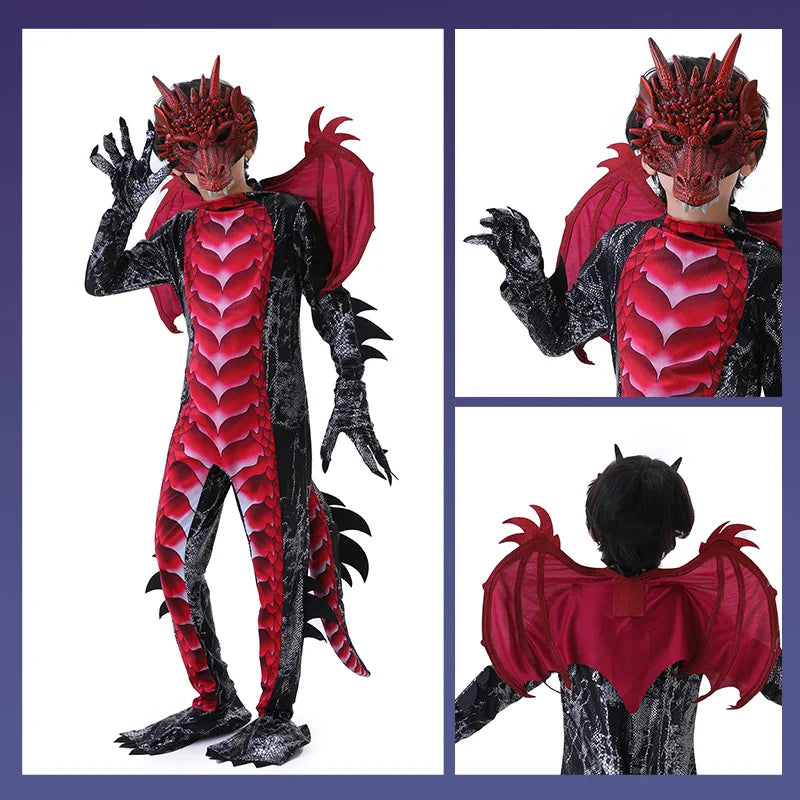 Kids Dragon Costume Boys Halloween Cosplay Dinosaur Jumpsuit Mask 2pcs Set Outfit Blue Red - product image 1