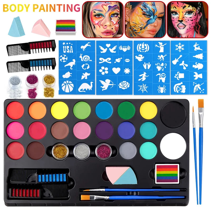20 Colors Face Body Paint Set Stencils Glitter Brushes Washable - Halloween Makeup
