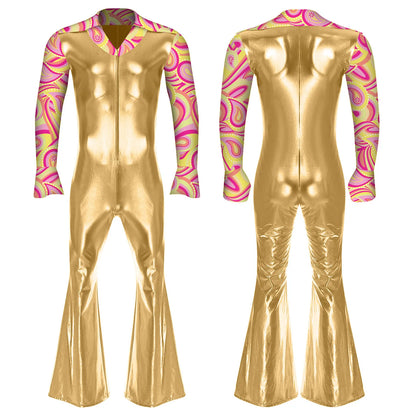 Men Hippie Costume Retro Disco Jazz Dance Jumpsuit Lapel V Neck Flare Sleeve Bell Bottom - Blue / 3XL