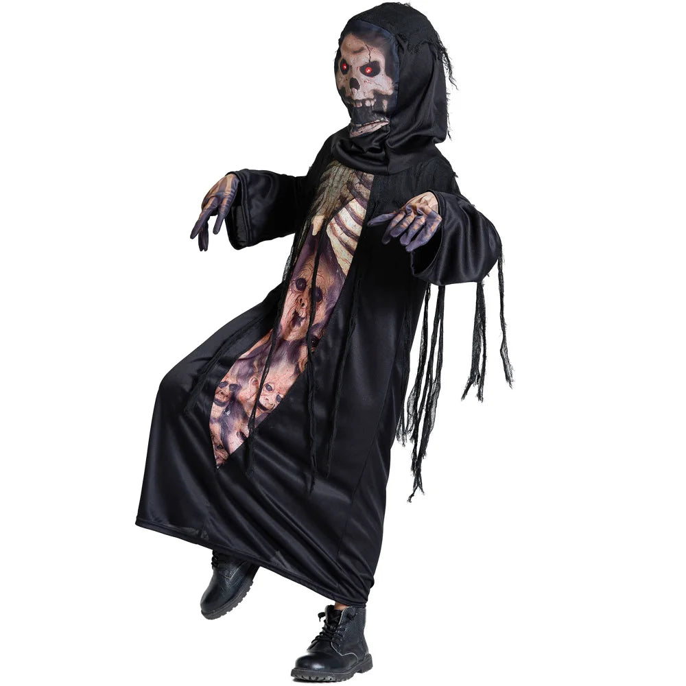 Kids Black Grim Reaper Costume – Hooded Robe, Headgear & Gloves