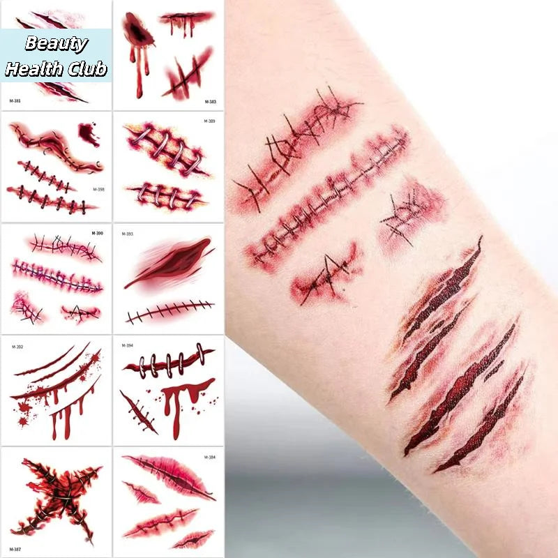 【20Sheets 3D Realistic Scar Tattoos Waterproof Fake Bloody Wound Stickers For Halloween Cosplay Face & Body - product image 5