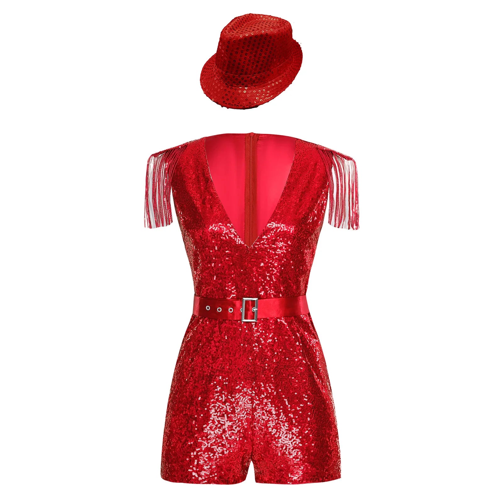 Women's Hip Hop Jazz Dance Sleeveless V-neck Sequin Tassels Jumpsuit with Costume - alternate view 2