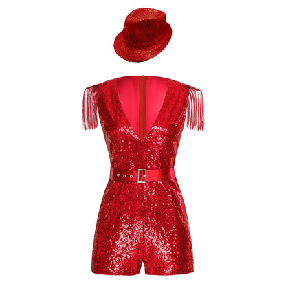 Women's Hip Hop Jazz Dance Sleeveless V-neck Sequin Tassels Jumpsuit with Costume - alternate view 2