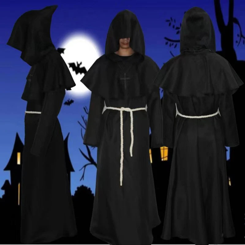 Halloween Wizard Costume Medieval Monk Hooded Robe Costume Mask Hat for Men Steampunk - C3 / Halloween cosplay