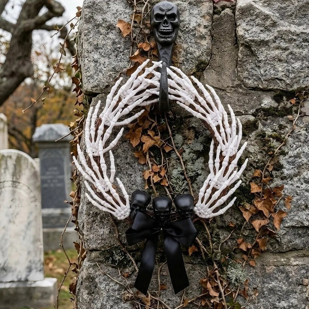 Dark Style Halloween Skeleton Hand Wreath Black Ribbon Black Bow Halloween - product image 5