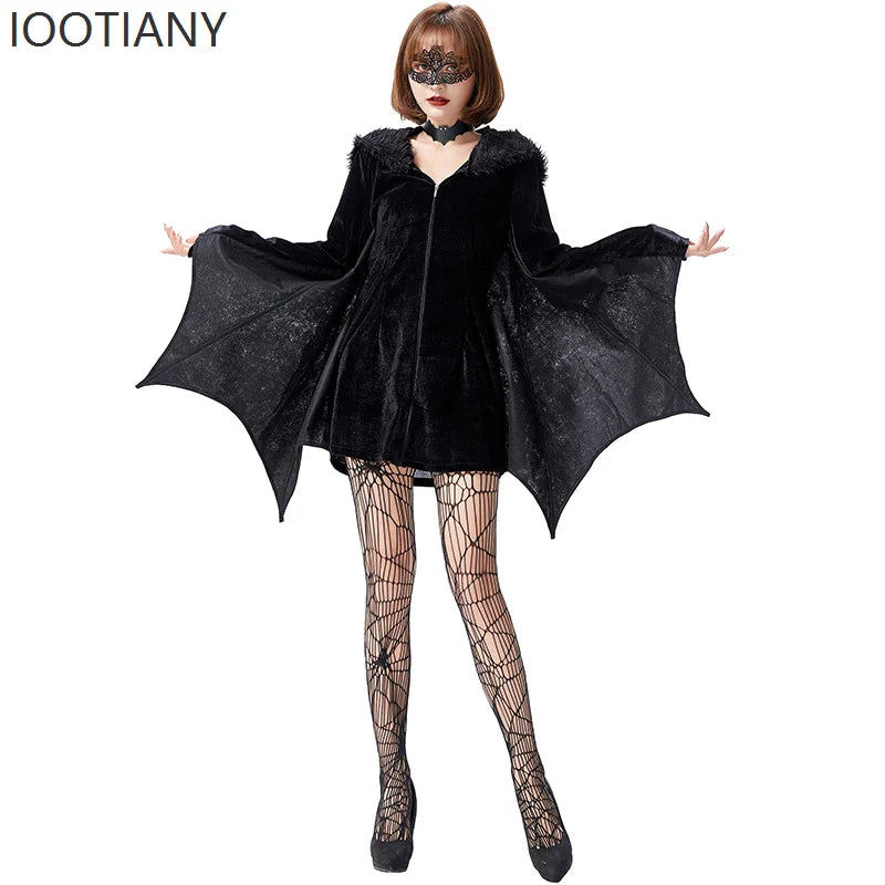 Halloween Devil Costume Evil Bat Skirt Gothic Women's Clown Bat Hooded Bodysuit Gothic - Black / XL