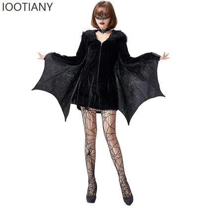 Halloween Devil Costume Evil Bat Skirt Gothic Women's Clown Bat Hooded Bodysuit Gothic - Black / XL