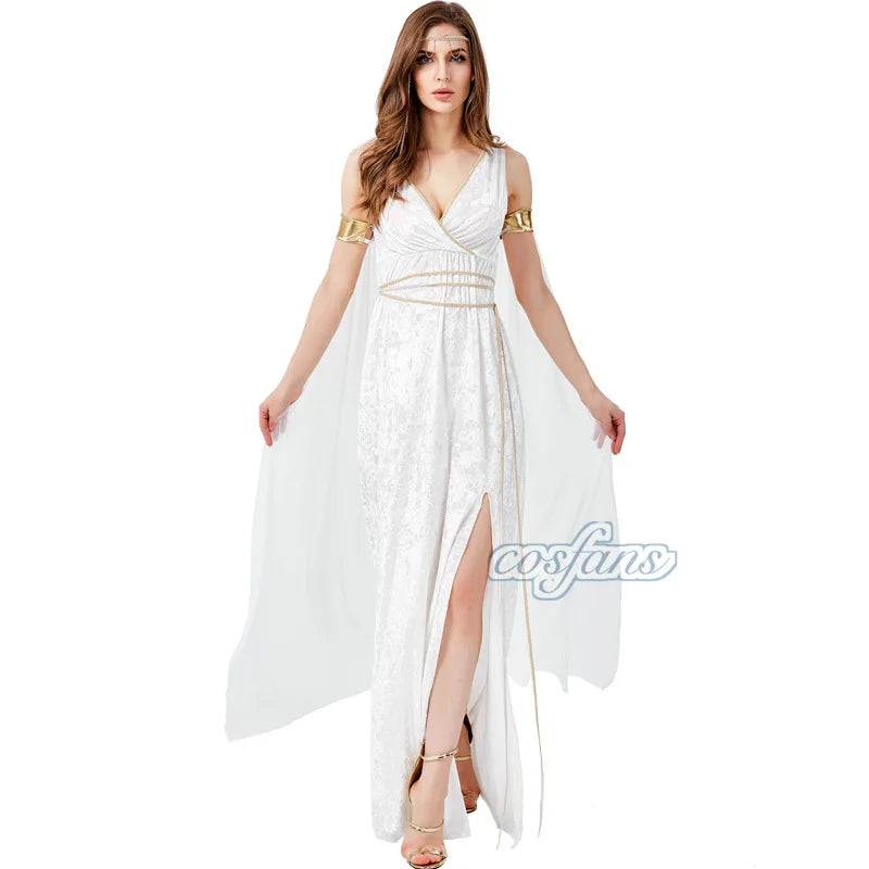 Ancient Greek Mythology Goddess Queen Costume Sexy High Slit Dress for Women Halloween - Beige / XS（old）