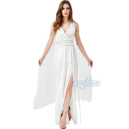 Ancient Greek Mythology Goddess Queen Costume Sexy High Slit Dress for Women Halloween - Beige / XS（old）