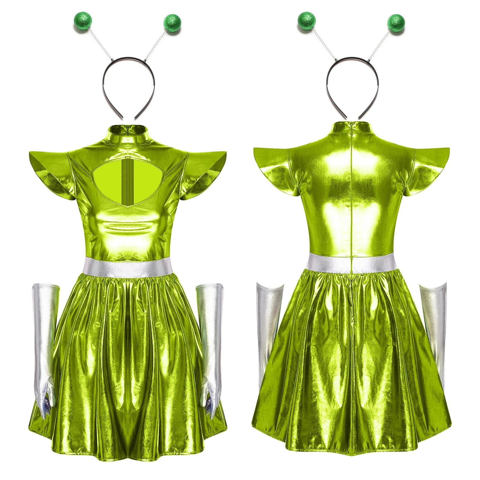 Adult Women Alien Outerspace Halloween Costume Dancewear Sleeveless Space Cadet Leotards - B-Green / S