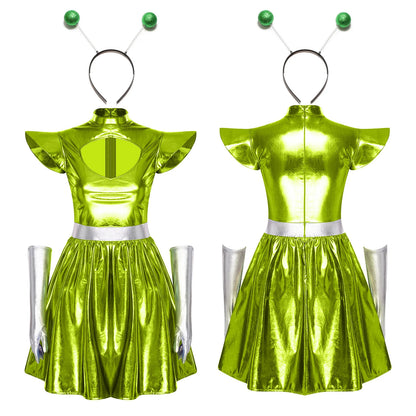Adult Women Alien Outerspace Halloween Costume Dancewear Sleeveless Space Cadet Leotards - B-Green / S