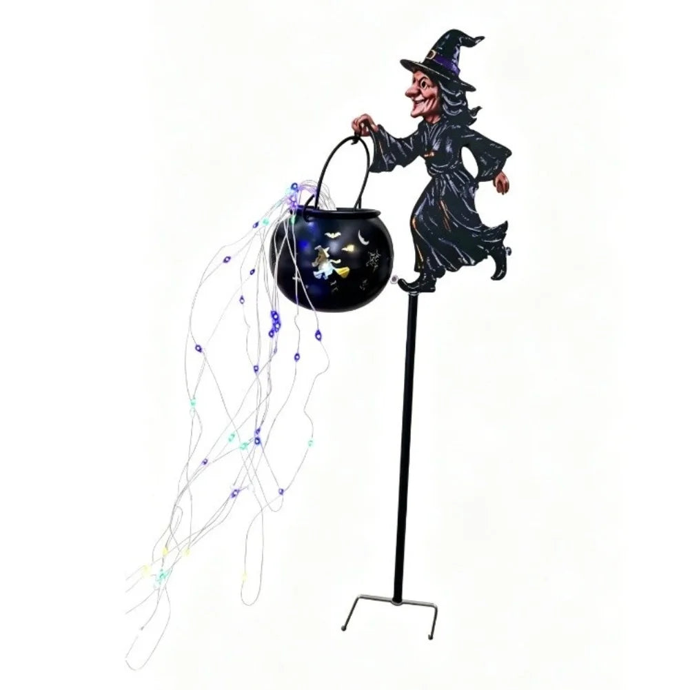 Solar Halloween witch cauldron waterfall yard light with purple green yellow and orange LEDs