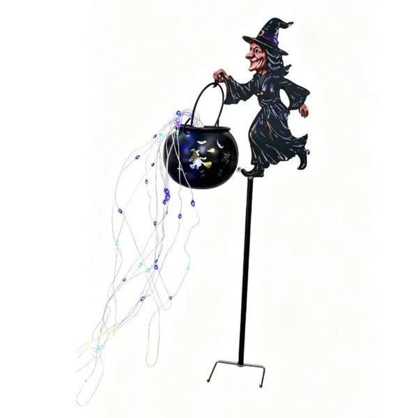 Solar Halloween witch cauldron waterfall yard light with purple green yellow and orange LEDs