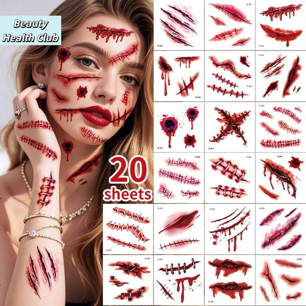 【20Sheets 3D Realistic Scar Tattoos Waterproof Fake Bloody Wound Stickers For Halloween Cosplay Face & Body - product image 1