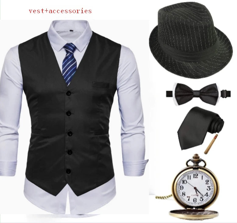 1920s Mens Costume ,Gatsby Gangster Vest,Vintage Pocket Watch,Pre Tied Bow Tie